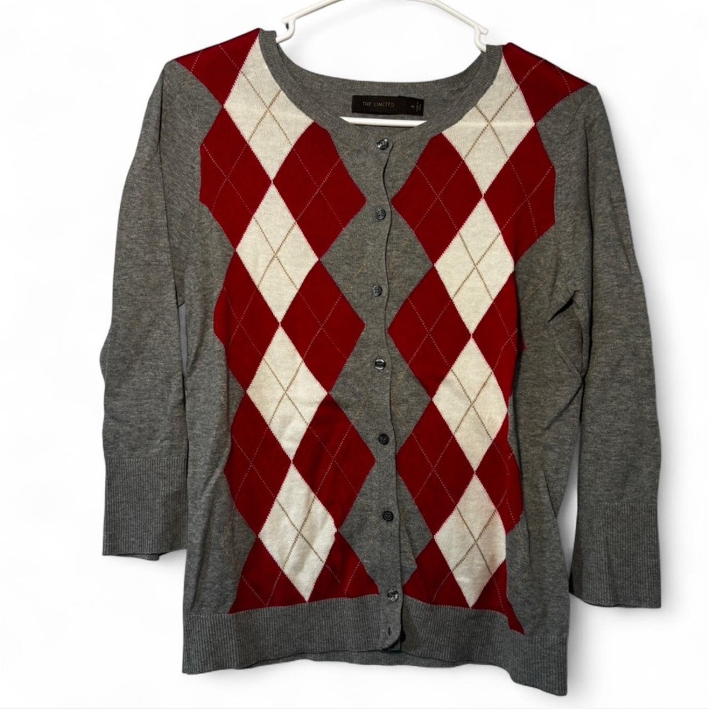 The Limited Gray and Red Argyle Cardigan Sweater - Picture 2 of 7
